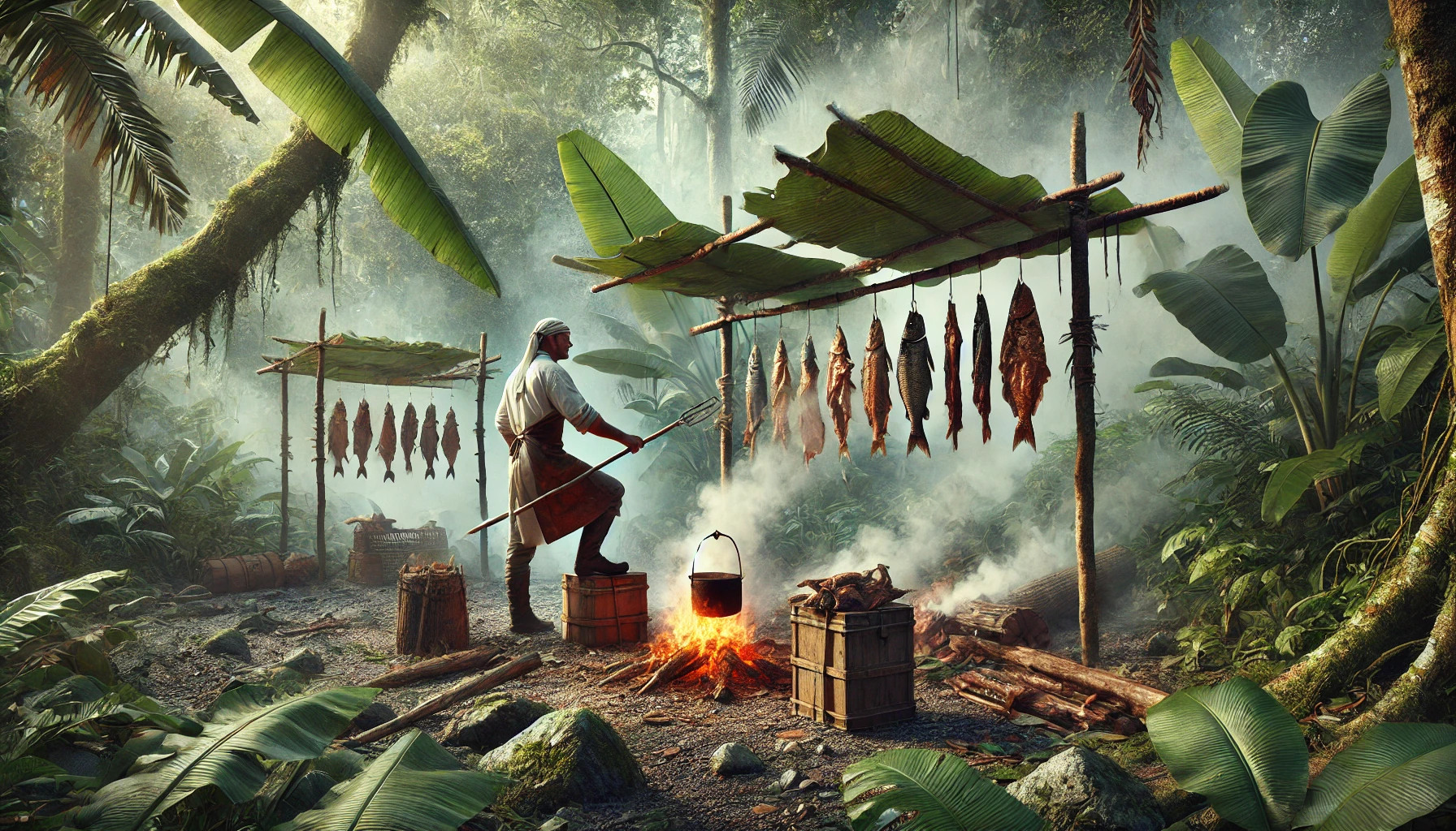 chef in the rainforest traditionally smoking foods